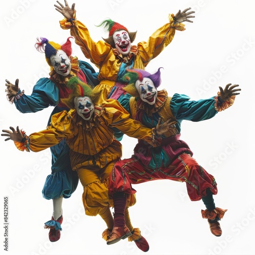group of clowns in colorful costumes jumping in the air