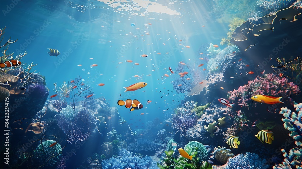 Fototapeta premium underwater coral reef landscape 16to9 background in the deep blue ocean with colorful fish and marine life : Generative AI