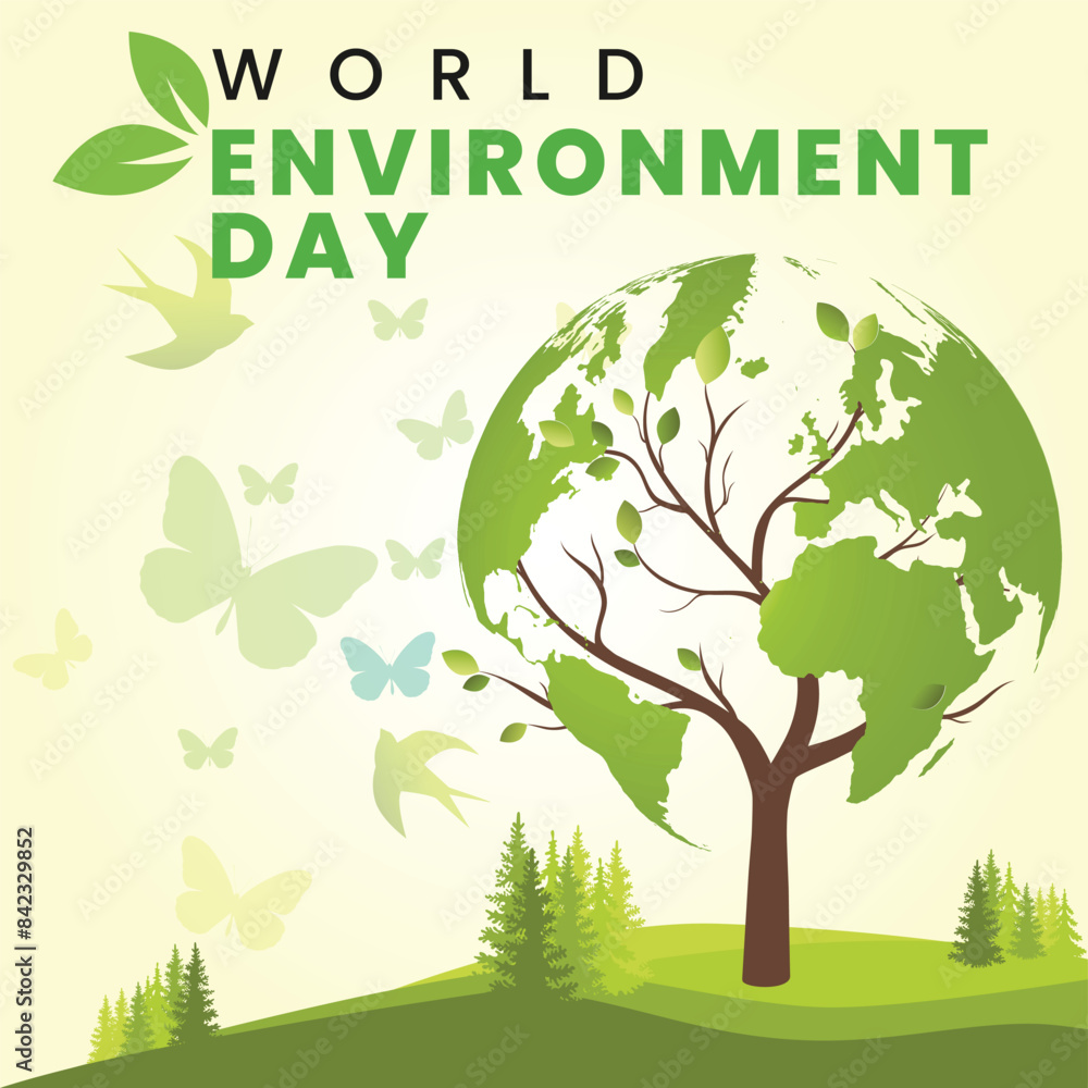 Obraz premium World environment day. Earth globe with greenery. Concept design for banner, poster, greeting card. Vector illustration