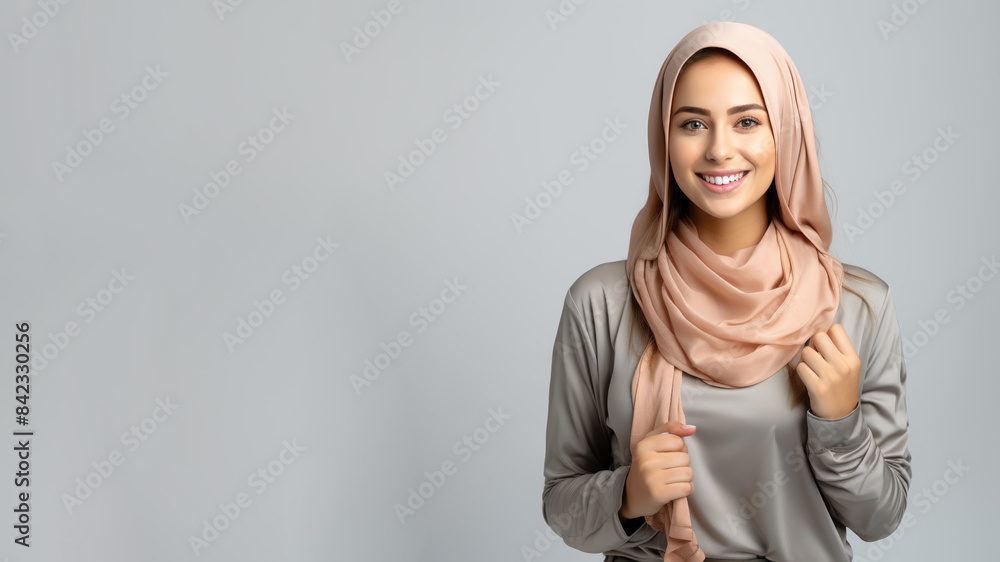 Arabian woman smile in casual apparel with welcome gesture greeting isolated Arabian woman smile in casual apparel with welcome gesture greeting isolated