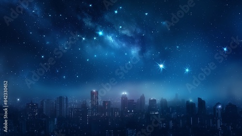 A breathtaking view of a city skyline under a starry night sky, showcasing the contrast between urban life and the cosmos