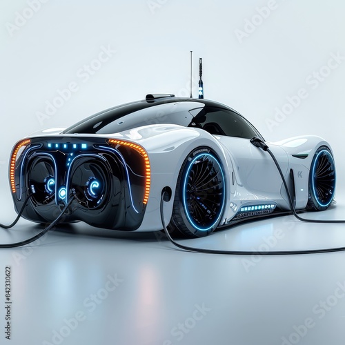 futuristic car with a charging cable connected to it photo