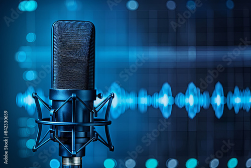 Professional microphone with audio waveform on a blue banner background, ideal for podcasting or recording studio concepts photo