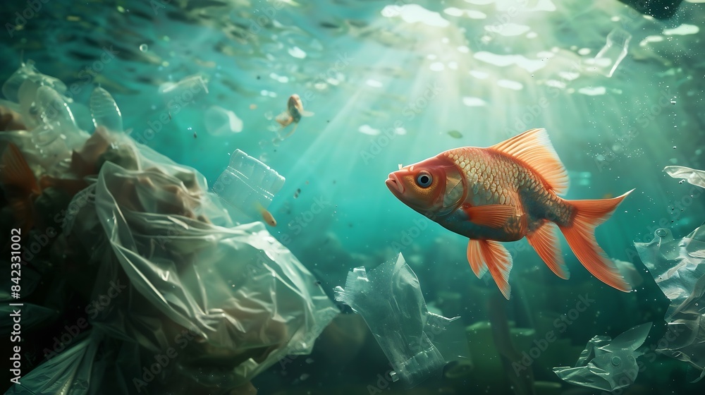 Naklejka premium Fish Swims Among Plastic Ocean Pollution Plastic Pollution Affects Sea Life Throughout the Ocean Environment Concept : Generative AI