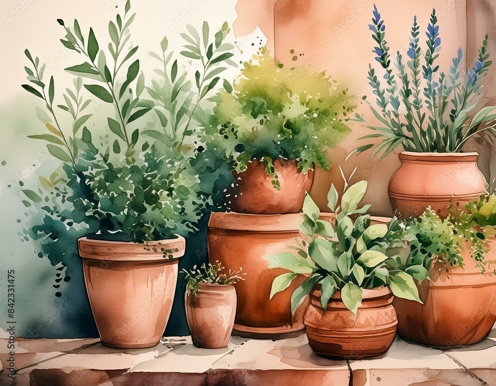Beautiful image with watercolor terracotta pots with herbs Beautiful image with watercolor terracotta pots with herbs