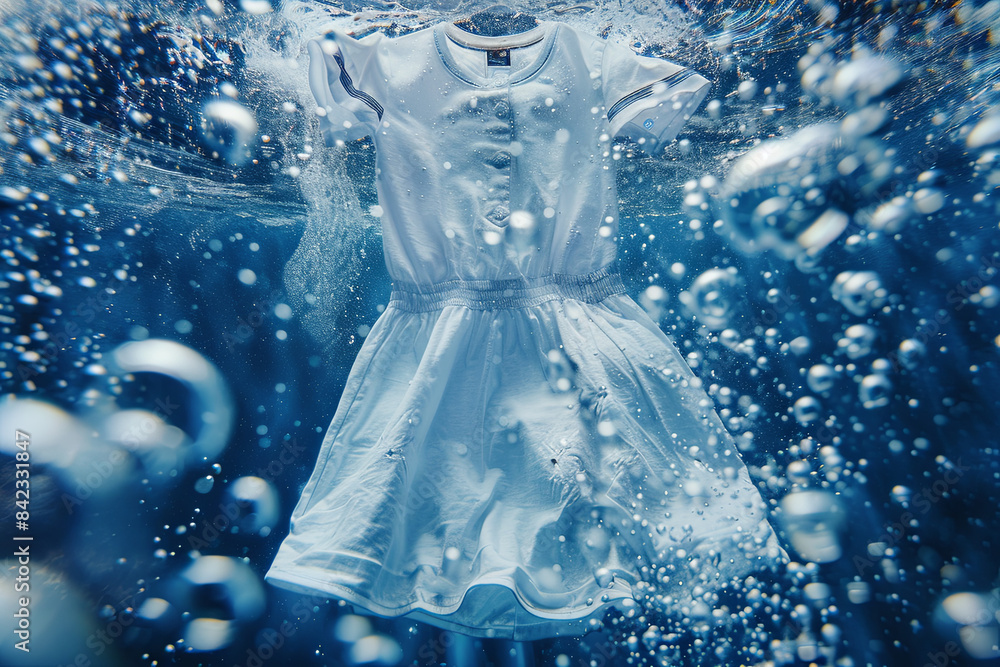 Laundry detergent or washing machine advertisement featuring a shirt and dress submerged in water with bubbles and splashes Laundry detergent or washing machine advertisement featuring a shirt and dress submerged in water with bubbles and splashes