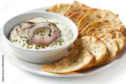 Golden Brown Pita Chips with Tangy Grilled Onion Dip