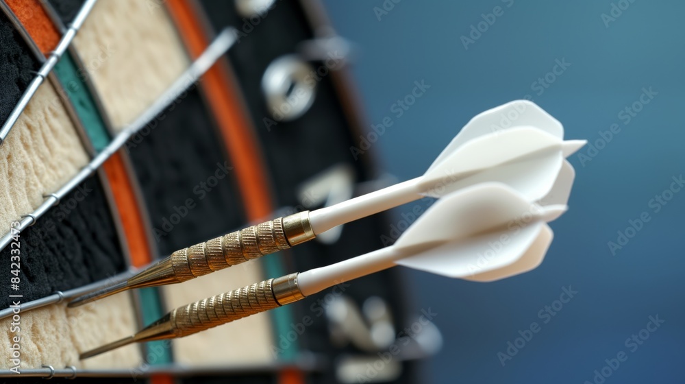 Macro shot of two steel-tip darts embedded in the sector of a traditional dartboard Macro shot of two steel-tip darts embedded in the sector of a traditional dartboard