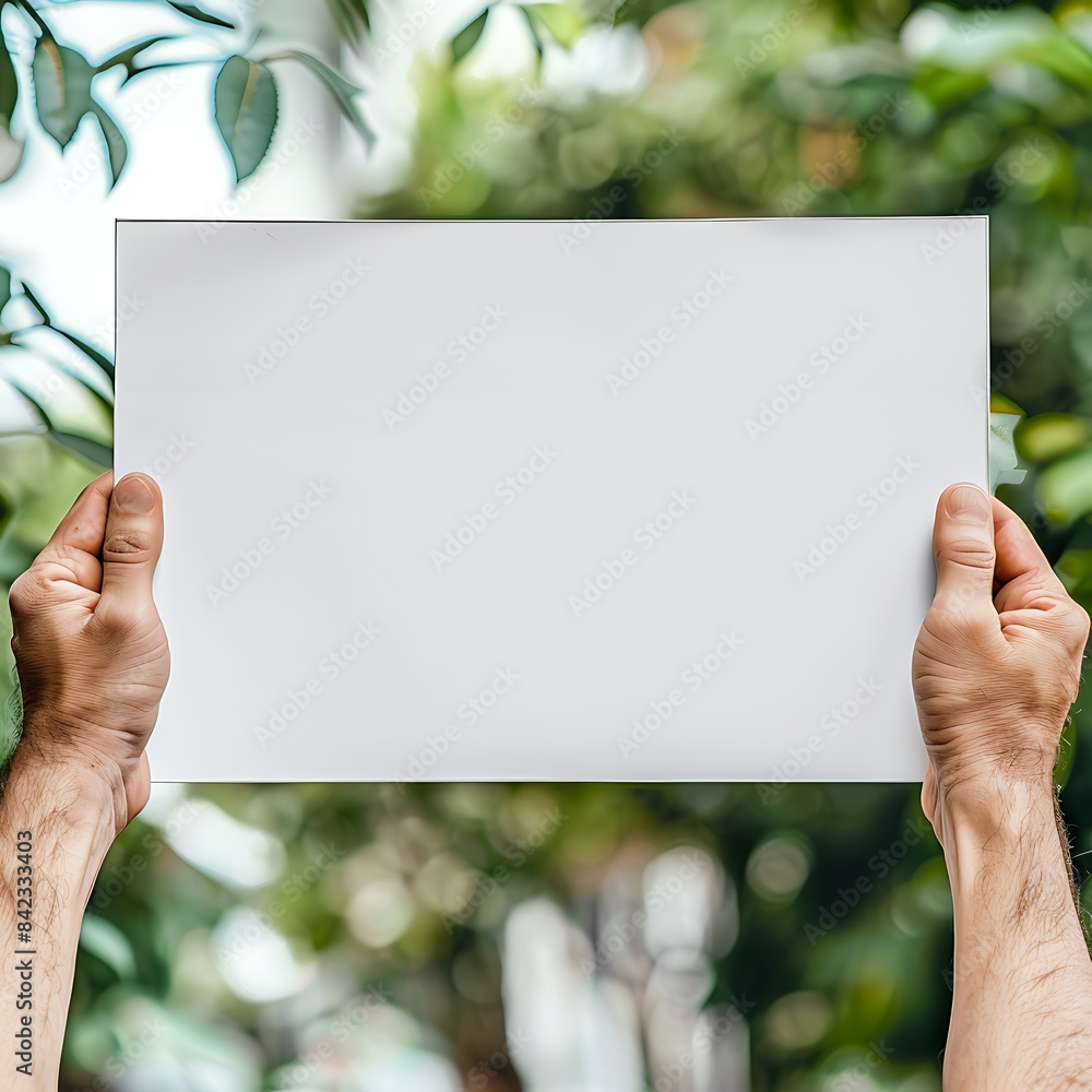 Male hands holding a whiteboard, sharp image with a blurred background. Male hands holding a whiteboard, sharp image with a blurred background.