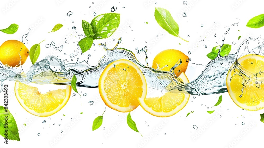 Lemon water splash isolated on a white transparent background, png. Lemon fruit slice, leaves and water splash. background water wave. copy space for text. Lemon water splash isolated on a white transparent background, png. Lemon fruit slice, leaves and water splash. background water wave. copy space for text.
