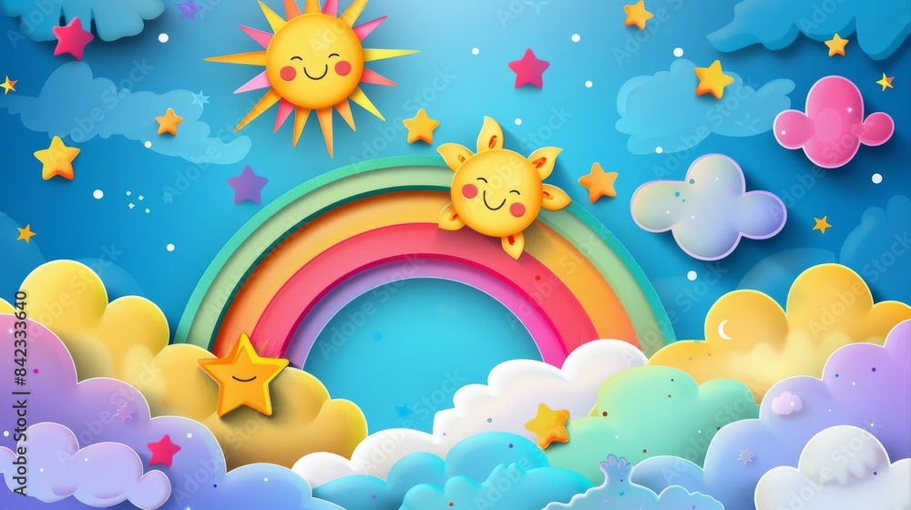 A whimsical illustration of a rainbow in the sky with clouds, stars, and smiling suns. A whimsical illustration of a rainbow in the sky with clouds, stars, and smiling suns.