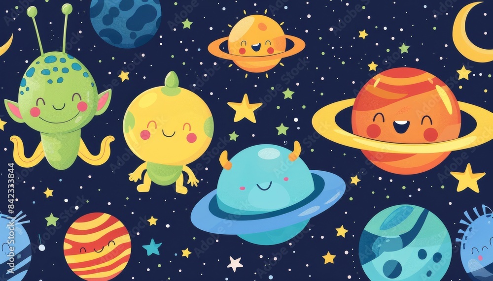 Cute cartoon planets and aliens on a starry night sky. Seamless pattern. Cute cartoon planets and aliens on a starry night sky. Seamless pattern.
