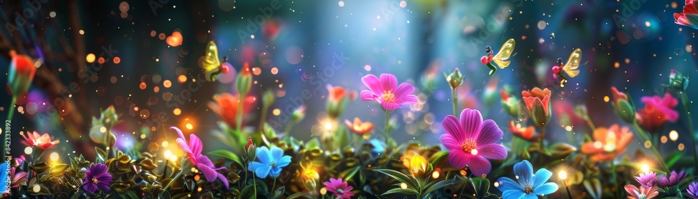 Magical forest scene with glowing flowers and sparkling lights. Magical forest scene with glowing flowers and sparkling lights.