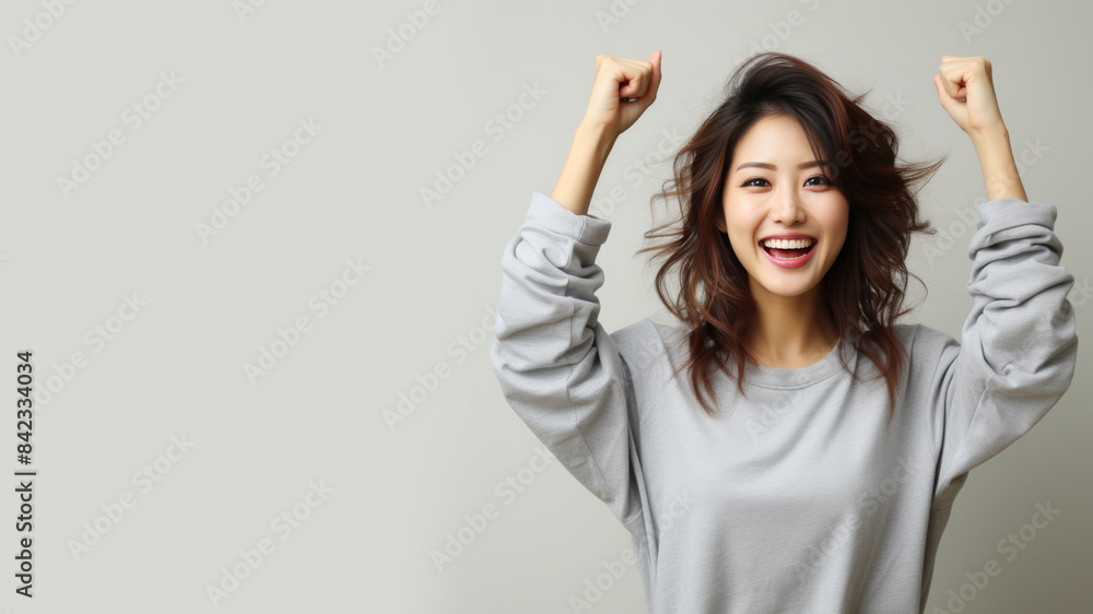 Japanese woman smiling in casual apparel with welcome gesture greeting isolated Japanese woman smiling in casual apparel with welcome gesture greeting isolated