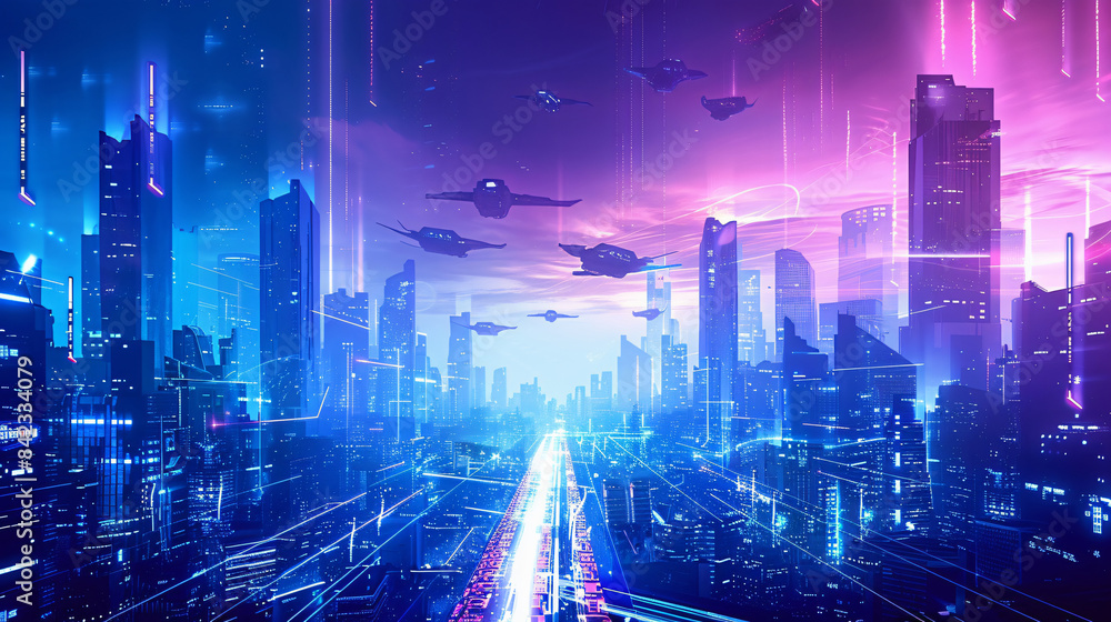 Futuristic Cityscape with Neon Lights and Flying Cars for Cyberpunk Background