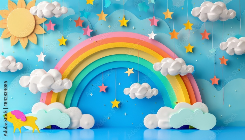 A colorful rainbow with clouds and stars on a blue background. Perfect for a whimsical and magical design. A colorful rainbow with clouds and stars on a blue background. Perfect for a whimsical and magical design.