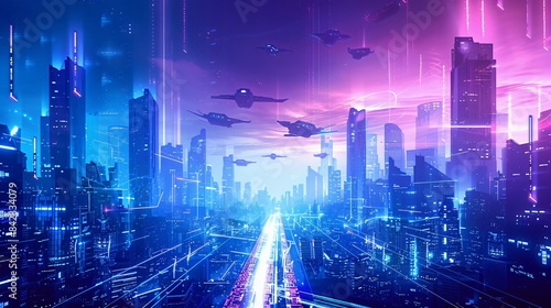 Futuristic Cityscape with Neon Lights and Flying Cars for Cyberpunk Background