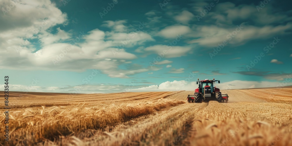 Fototapeta premium Modern Tractor Harvesting Golden Wheat Under Vibrant Sky with copy space
