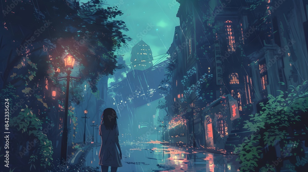 Mystical Night Scene in a Futuristic City with Neon Lights and Rain - A Woman Walking Alone on a Wet Street Surrounded by Tall Buildings and Glowing Windows Mystical Night Scene in a Futuristic City with Neon Lights and Rain - A Woman Walking Alone on a Wet Street Surrounded by Tall Buildings and Glowing Windows
