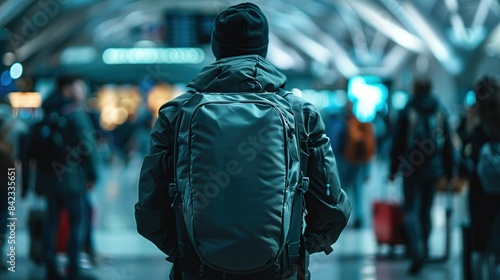 Photo of, a versatile convertible backpack-suitcase hybrid in an airport, with a blurred background of busy travelers. copy space for text. © Naknakhone