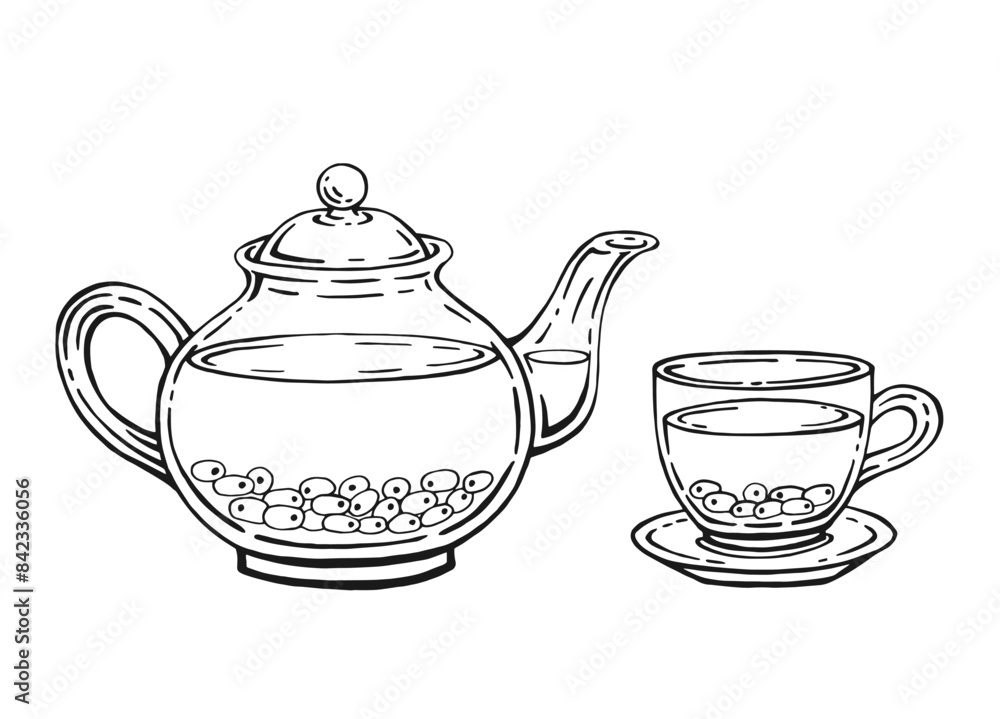 Hand drawn teapot, cup, sea buckthorn. Vector illustration in outline style. Hand drawn teapot, cup, sea buckthorn. Vector illustration in outline style.
