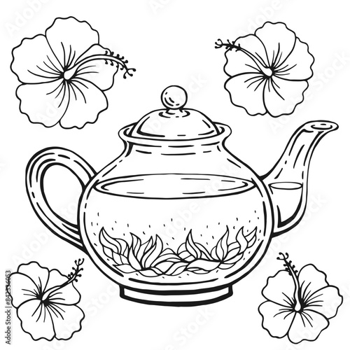Glass teapot, hibiscus. Hand drawn vector illustration in outline style.