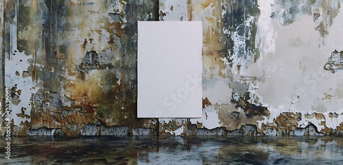 Obraz na płótnie Authentic and raw medium-sized vertical blank white paper on a water-stained wall for documentary film promotions. w salonie