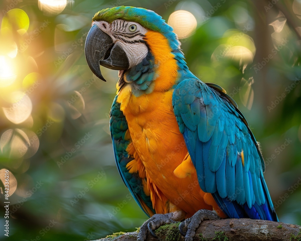 A stunning blue and yellow macaw perched on a branch, illuminated by warm sunlight, showcasing its vibrant feathers in a lush, green background. A stunning blue and yellow macaw perched on a branch, illuminated by warm sunlight, showcasing its vibrant feathers in a lush, green background.