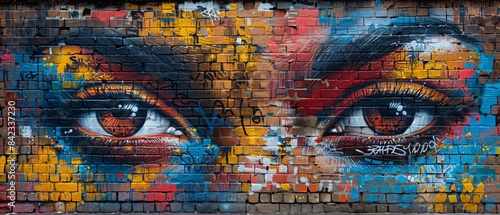A captivating mural of expressive eyes painted on a brick wall, featuring vibrant colors and intricate details, showcasing urban street art.