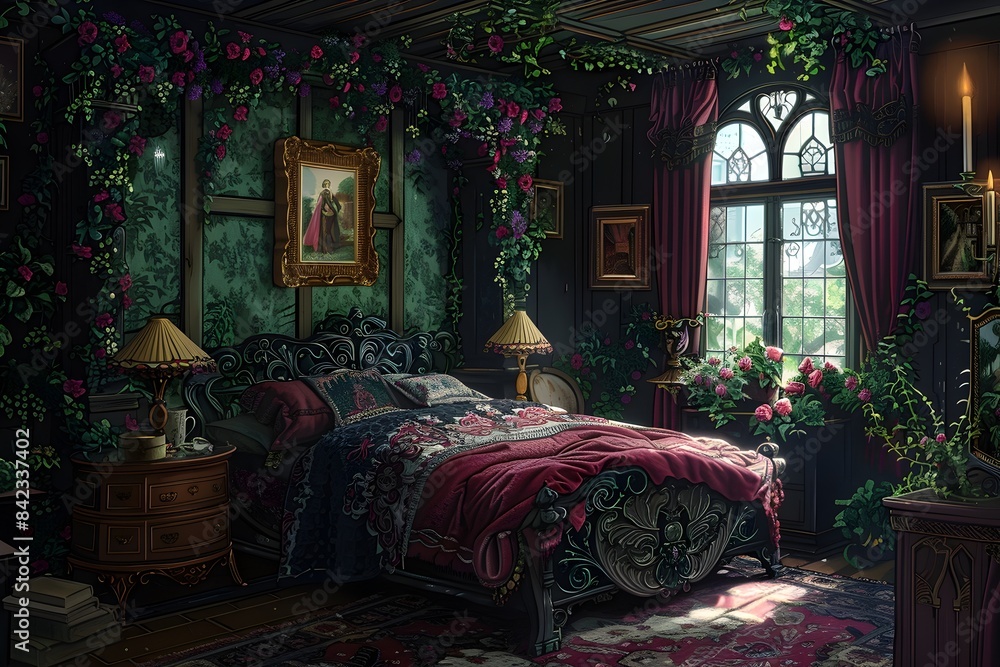 Wanderer's Whimsical Bedroom of Gothic Elegance and Intricate Design