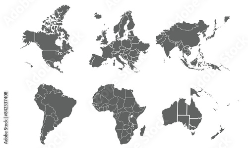 world map divided into continents isolated on white background. for website layouts, reports, annual infographics, world,travel around the world, map silhouette backdrop.