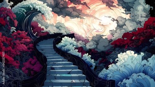 Dreamweaver's Dance of Imagination:Surreal Art Nouveau Staircase in Dramatic Floral Dreamscape photo