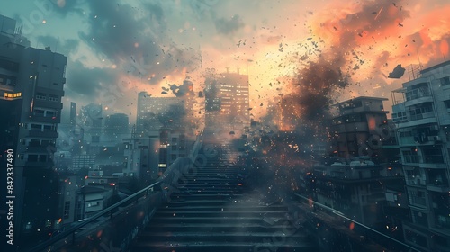 Dramatic Futuristic Cityscape with Surreal Floating Elements and Explosive Chaos photo