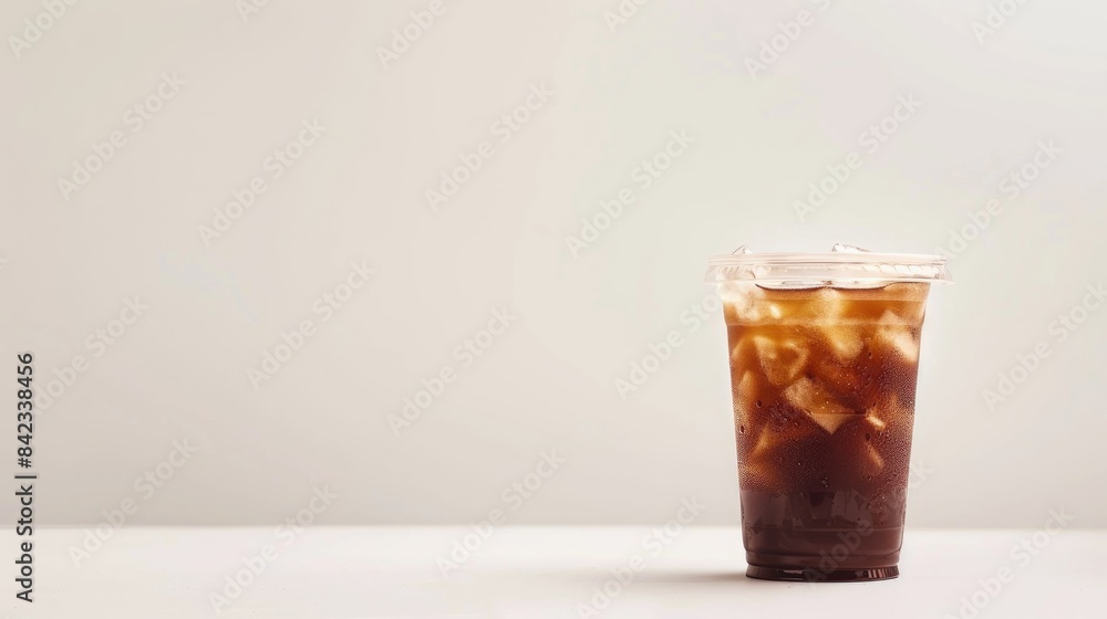 Iced coffee served in a plastic cup against a plain white backdrop Iced coffee served in a plastic cup against a plain white backdrop