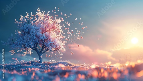 Fantasy landscape with a tree in the snow. 3d rendering photo