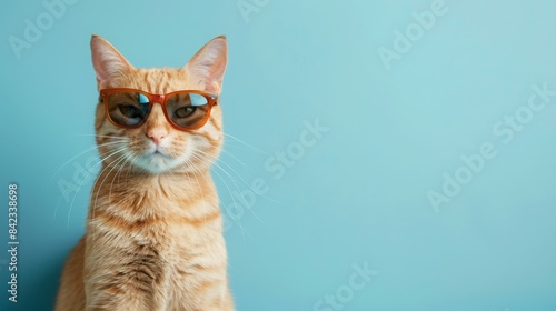 ginger cat wearing sunglasses on blue background