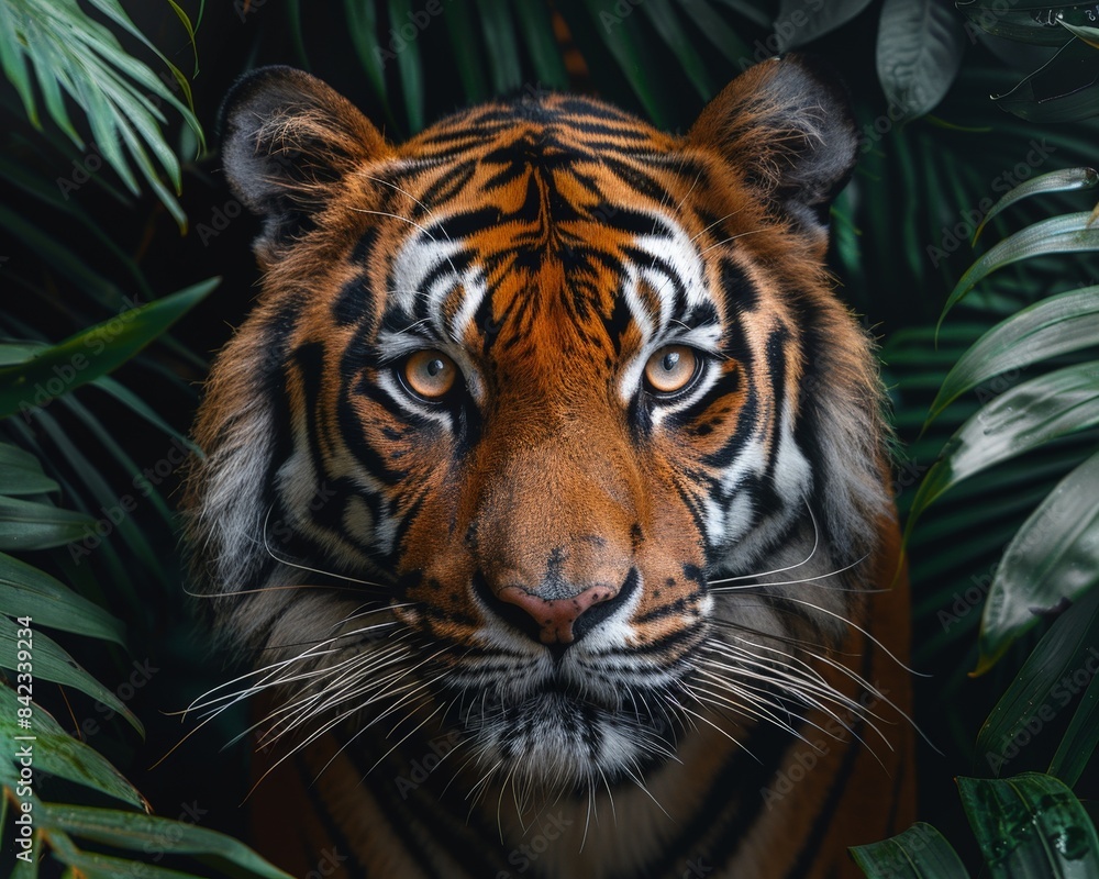 A majestic tiger with an intense gaze emerges from lush jungle foliage, highlighting the beauty and power of this magnificent predator. A majestic tiger with an intense gaze emerges from lush jungle foliage, highlighting the beauty and power of this magnificent predator.