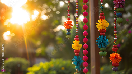 Colorful beads hanging from a tree in the sun, creating a vibrant and eye-catching display of colors.