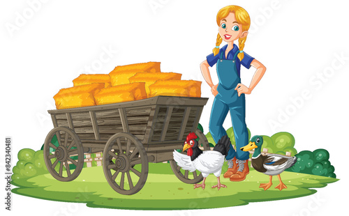 Girl with hay cart, chickens, and ducks