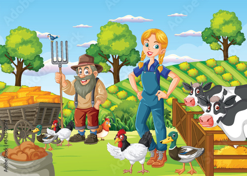 Farmers with animals in a vibrant field