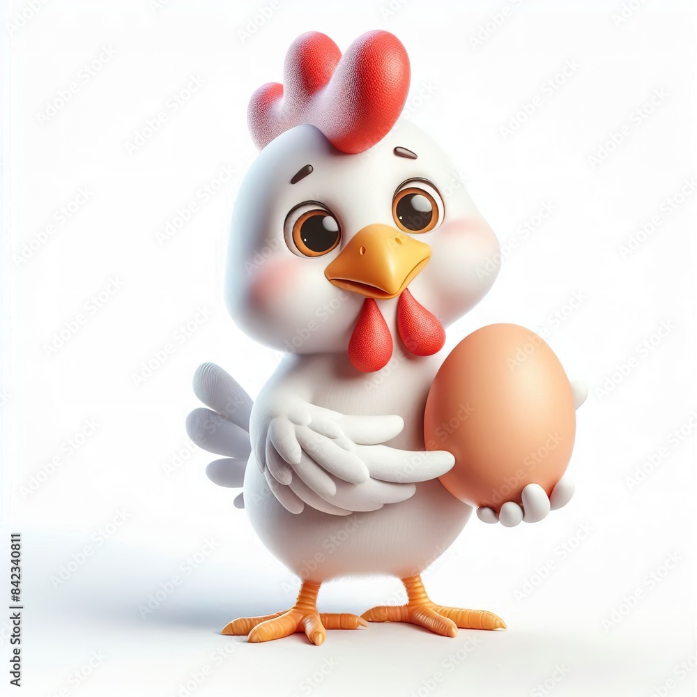 a 3D Full body funny chicken hen holding an egg in her hand, white background a 3D Full body funny chicken hen holding an egg in her hand, white background