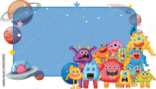 Cute monsters with planets and stars background
