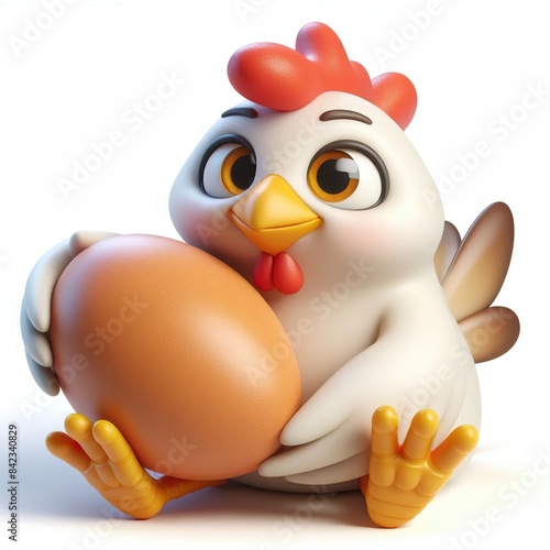 a 3D Full body funny chicken hen holding an egg in her hand  white background