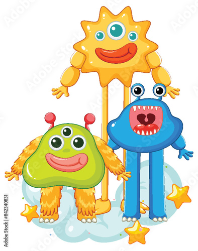 Three cheerful monsters standing together on clouds