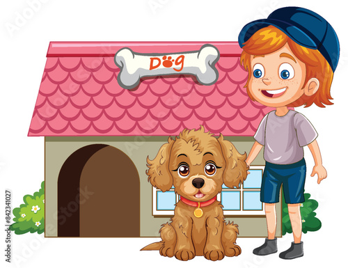A boy and his dog by a doghouse