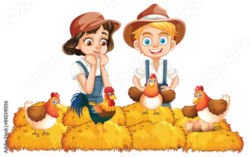 Two kids enjoying time with farm chickens