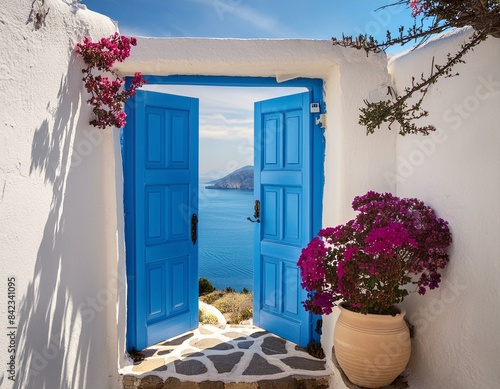 blue door of a greek house leading out to the sea © Nicolas