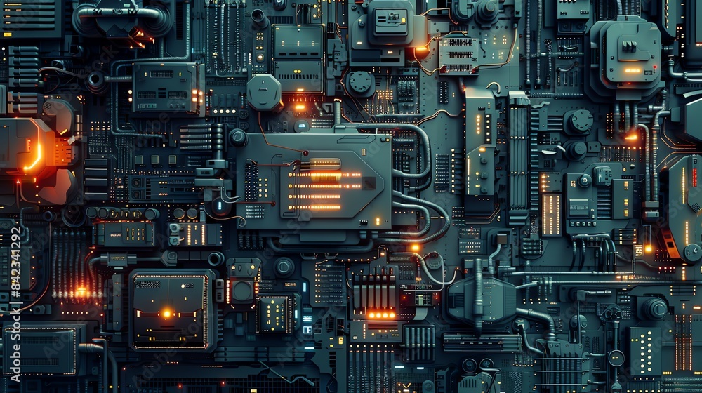Fototapeta premium A close-up of a complex circuit board with orange glowing lights.