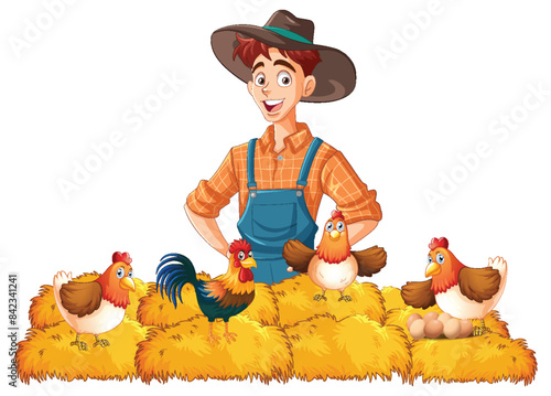 Smiling farmer surrounded by chickens on hay