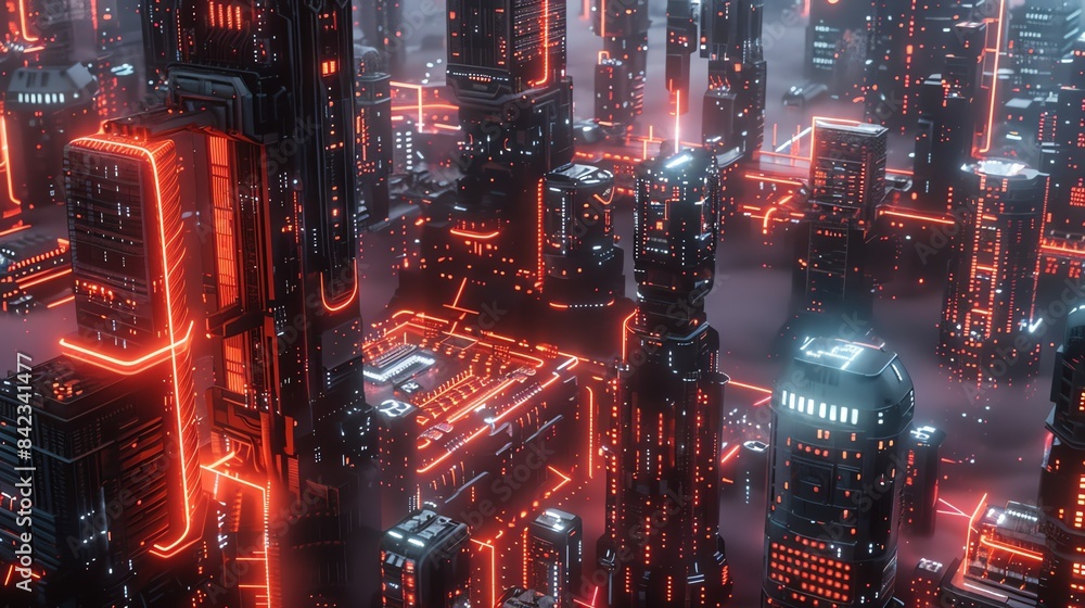 A dark and mysterious cityscape with red lights illuminating the buildings. A dark and mysterious cityscape with red lights illuminating the buildings.